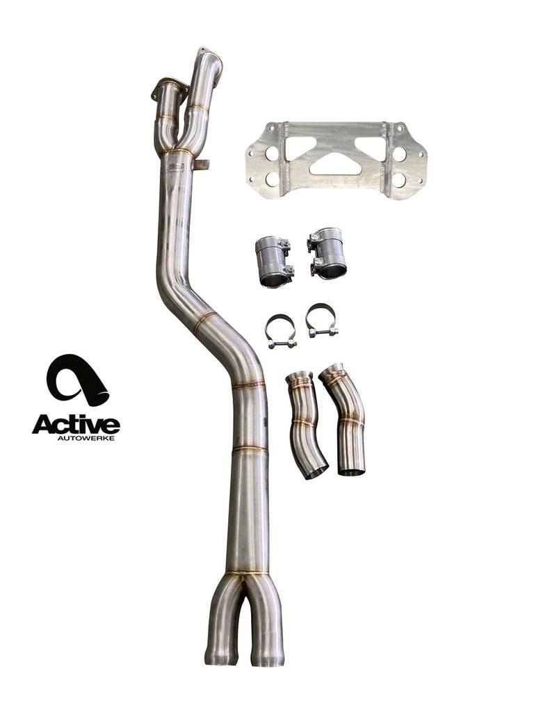 Active Autowerke G80/G82 M3/M4 Signature single mid-pipe with G-brace and $90 fixed price shipping in lower 48 states