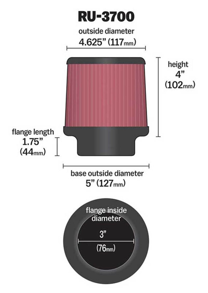 K&N Universal Rubber Filter Round Tapered 4.625in Top OD x 5in Base OD x 4in H